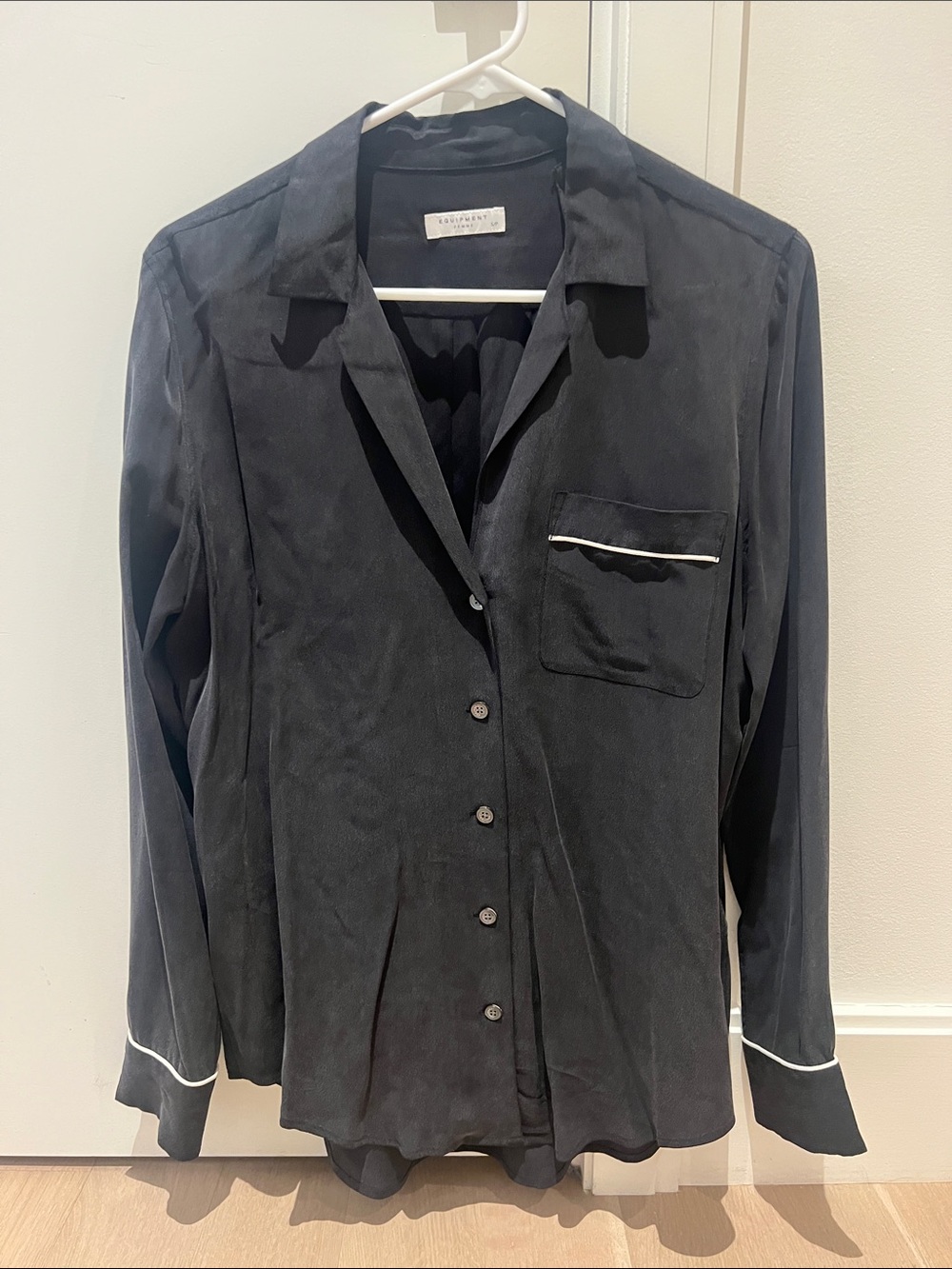 Equipment Black Button-Down Shirt with White Piping